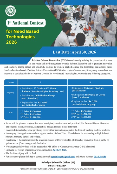1st National Contest For Need Based Technologies 2026 announced by Pakistan Science Foundation, Apply By 30 April 2026