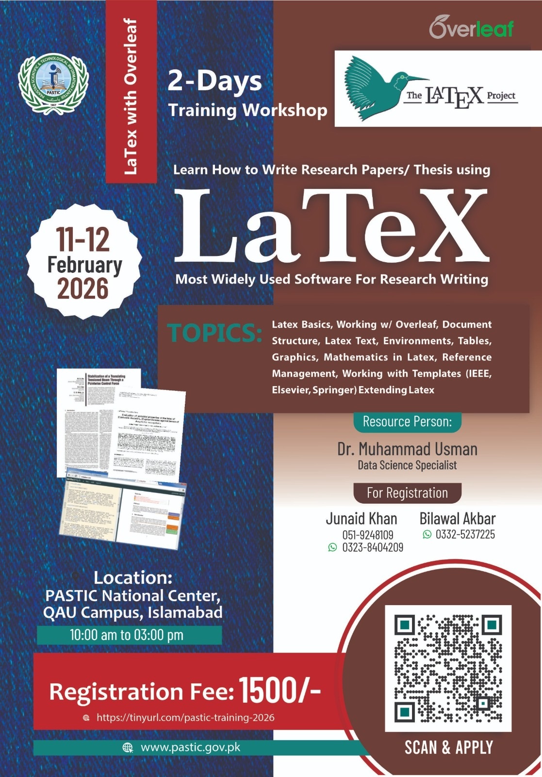 2-Days Training on Research Writing with LaTeX to held from 11-12 February at PASTIC, QAU, Islamabad.