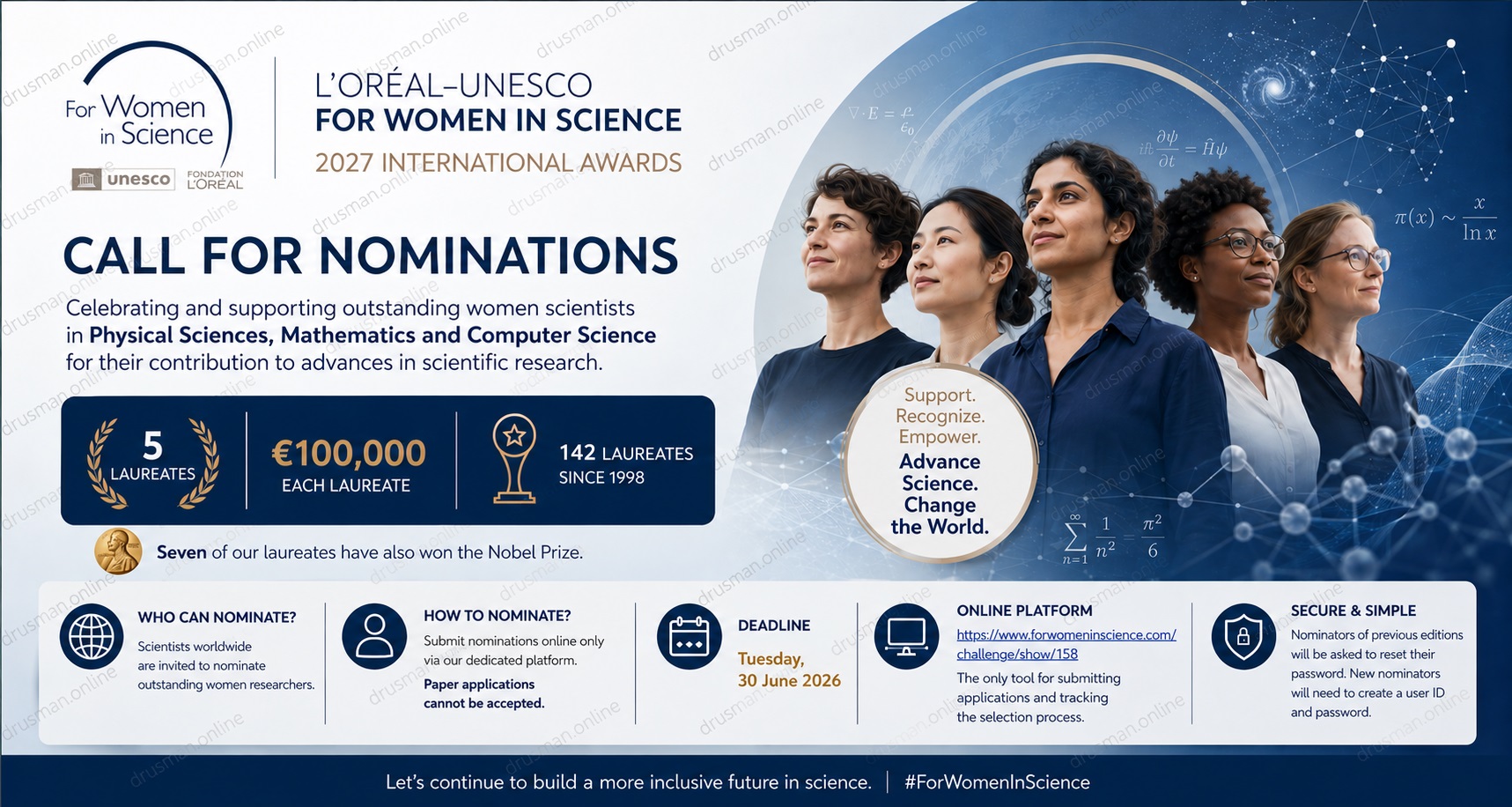 Call for nomination for the 2027 L'Oreal-UNESCO International Award for Women in Science - June 2026