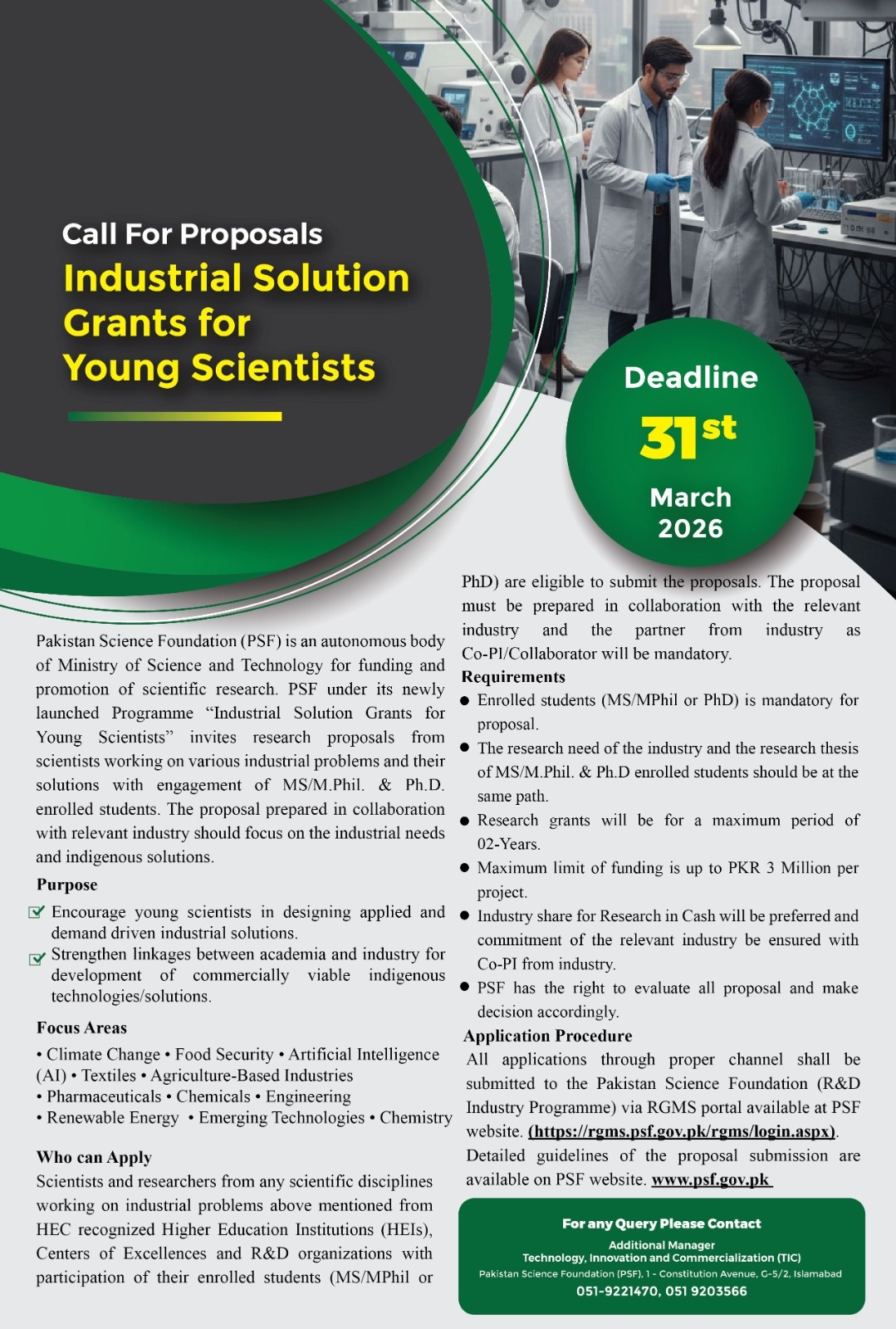 Call For Proposal: Industrial Solution Grants for Young Scientists - at Pakistan Science Foundation - Feb-March 2026