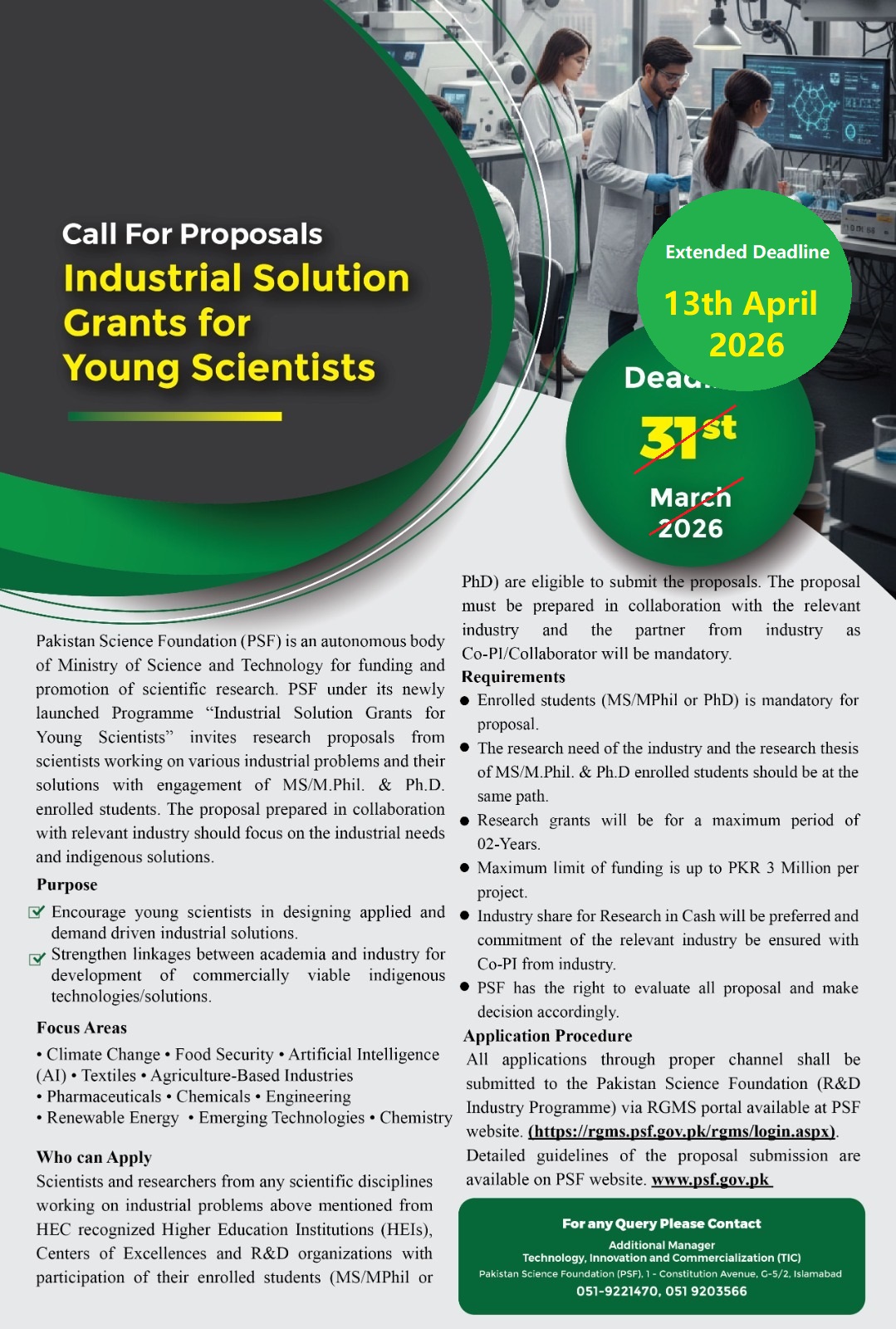 Date Extended to  13th April for Call For Proposal: Industrial Solution Grants for Young Scientists - at Pakistan Science Foundation - Feb - April 2026