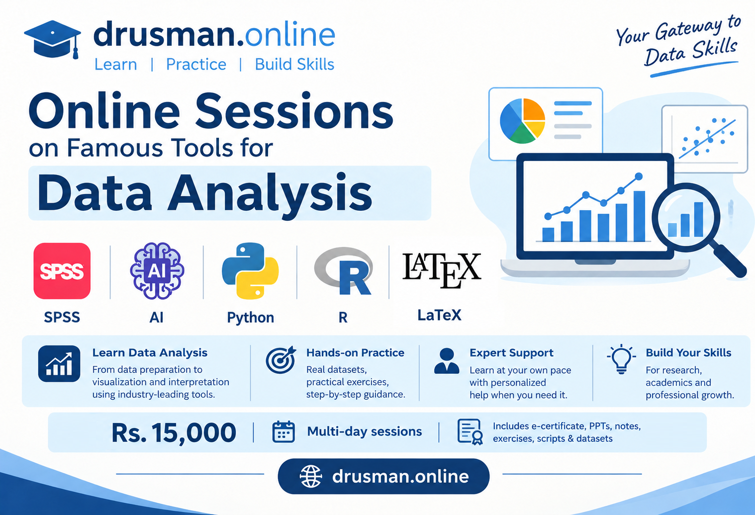 Online sessions on SPSS, AI, Python, R, and LaTeX