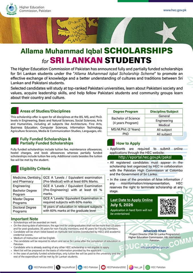 Allama Muhammad Iqbal Scholarships for Sri Lankan Students - Deadline July 5 2026
